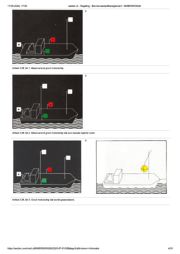 Scheepslicht: Artikel 3.08 lid 1 – Groot motorschip varend; lid 2 – Met tweede toplicht; lid 3 – Wordt gesleept